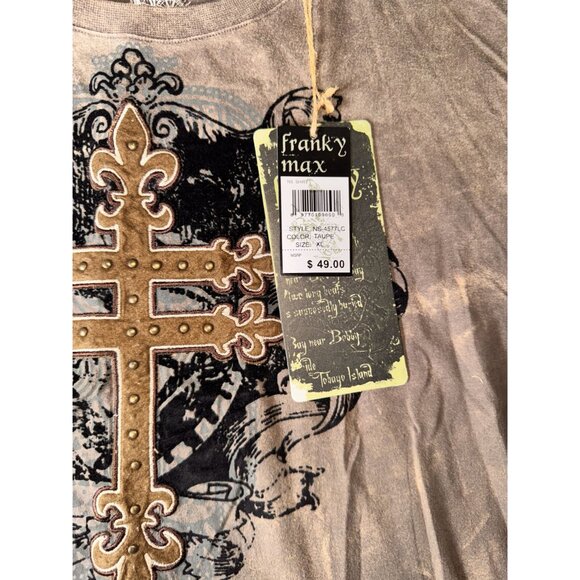 Franky Max XL Taupe Long Sleeve Distressed Cross all over Graphic Tee affliction - Picture 3 of 10